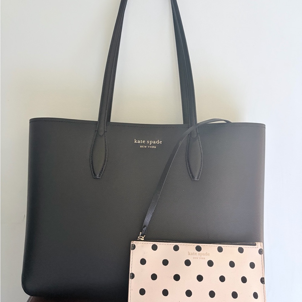 Kate Spade Black Tote with Cream Polka Dot Pouch